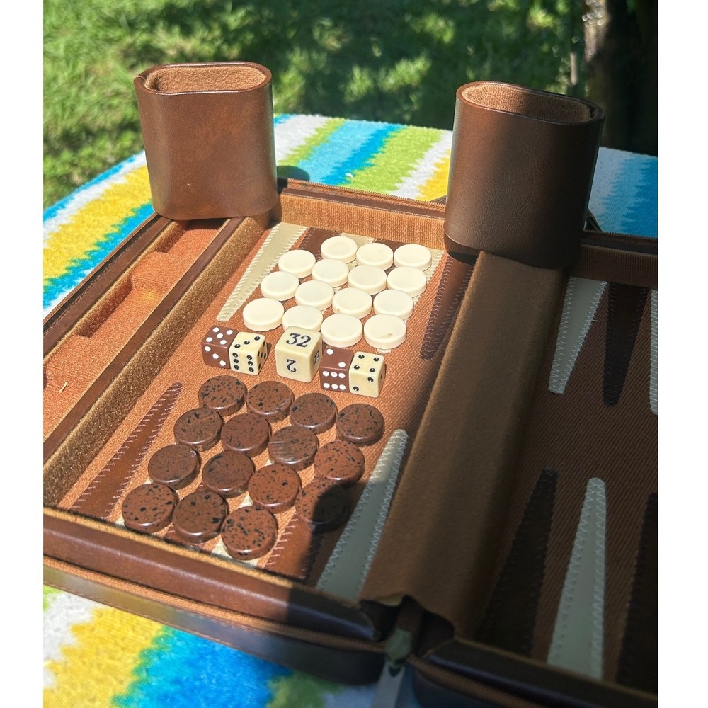 Vintage Backgammon Travel Set Brown Faux Leather Zippered Case Made in Taiwan